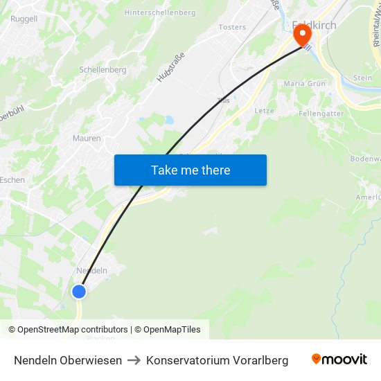 Nendeln Oberwiesen to Konservatorium Vorarlberg map