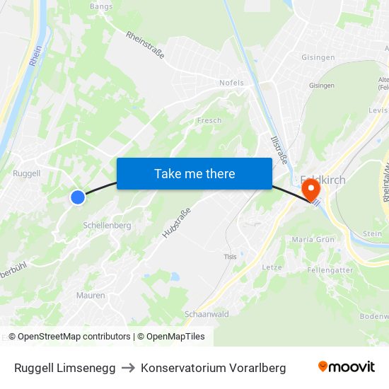 Ruggell Limsenegg to Konservatorium Vorarlberg map