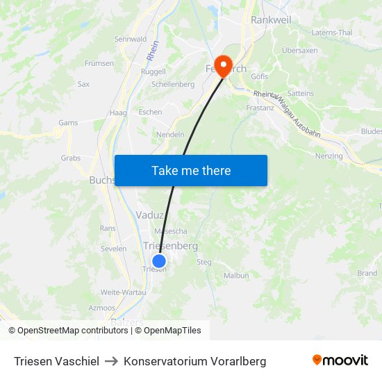 Triesen Vaschiel to Konservatorium Vorarlberg map