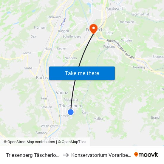 Triesenberg Täscherloch to Konservatorium Vorarlberg map