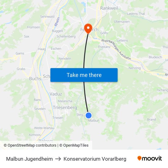 Malbun Jugendheim to Konservatorium Vorarlberg map
