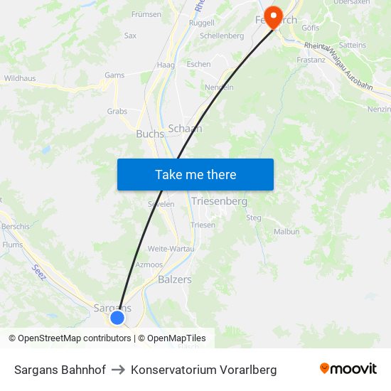 Sargans Bahnhof to Konservatorium Vorarlberg map