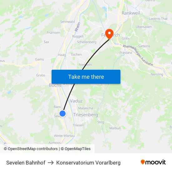 Sevelen Bahnhof to Konservatorium Vorarlberg map