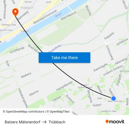 Balzers Mälsnerdorf to Trübbach map
