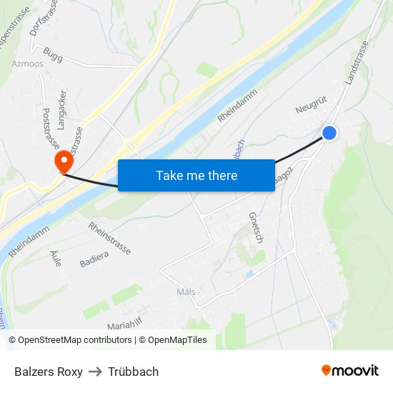 Balzers Roxy to Trübbach map