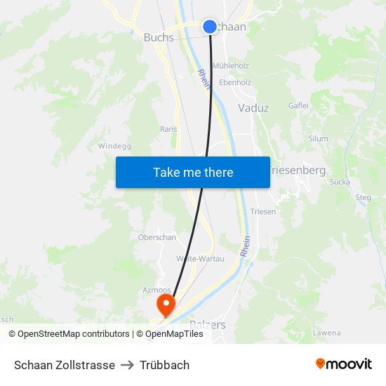Schaan Zollstrasse to Trübbach map