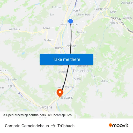 Gamprin Gemeindehaus to Trübbach map