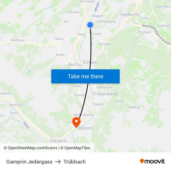 Gamprin Jedergass to Trübbach map