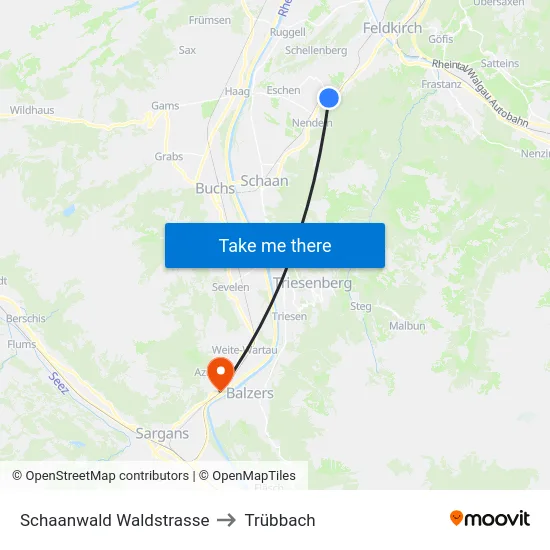Schaanwald Waldstrasse to Trübbach map
