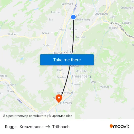 Ruggell Kreuzstrasse to Trübbach map