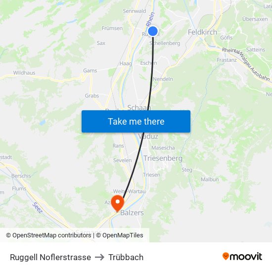 Ruggell Noflerstrasse to Trübbach map