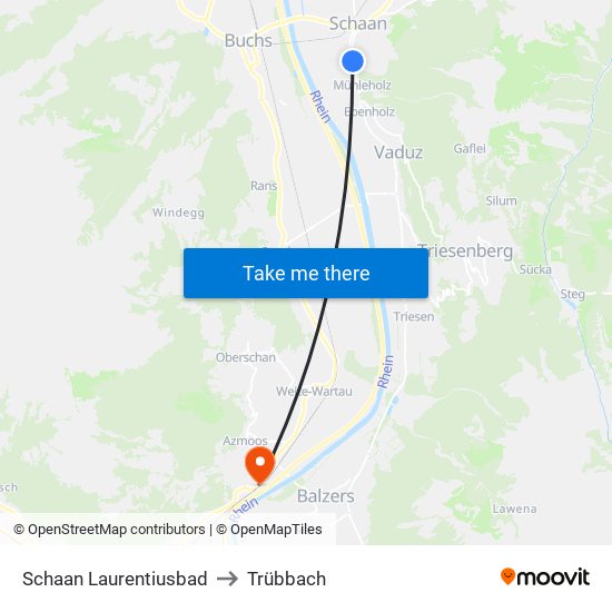 Schaan Laurentiusbad to Trübbach map