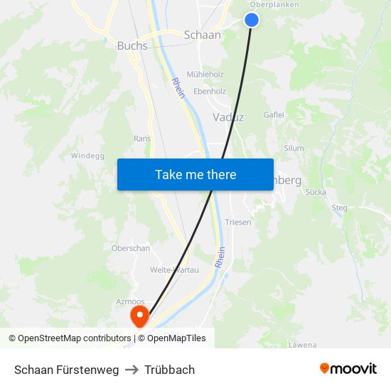 Schaan Fürstenweg to Trübbach map