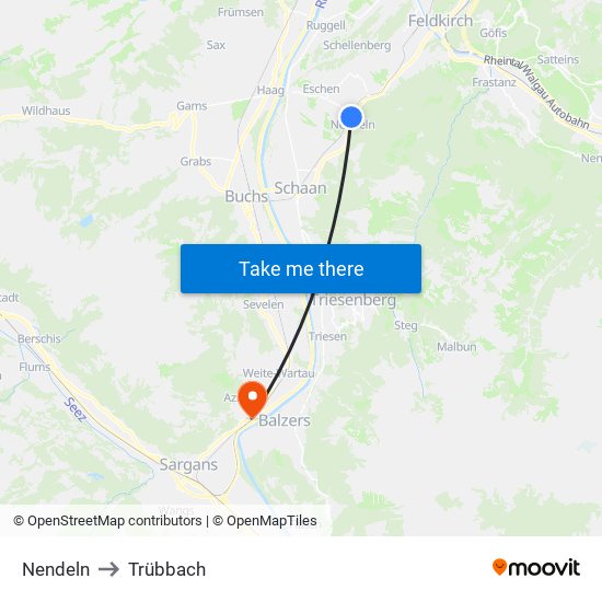 Nendeln to Trübbach map