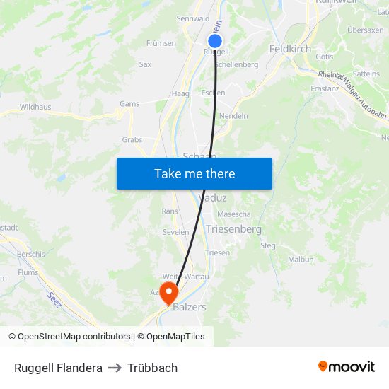 Ruggell Flandera to Trübbach map