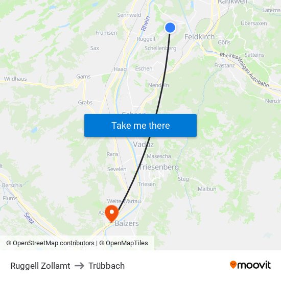 Ruggell Zollamt to Trübbach map