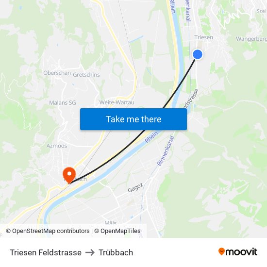 Triesen Feldstrasse to Trübbach map