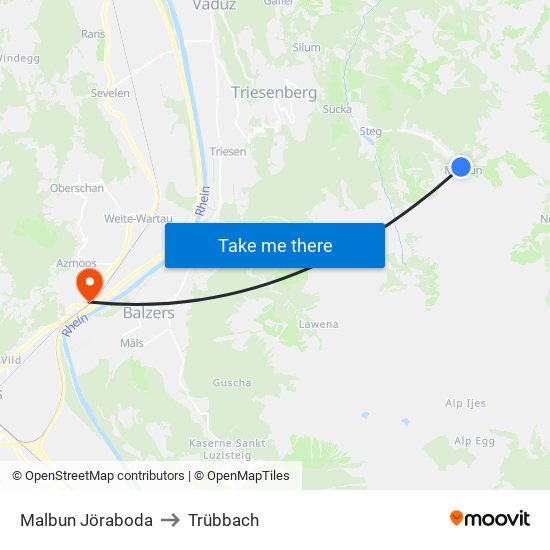 Malbun Jöraboda to Trübbach map