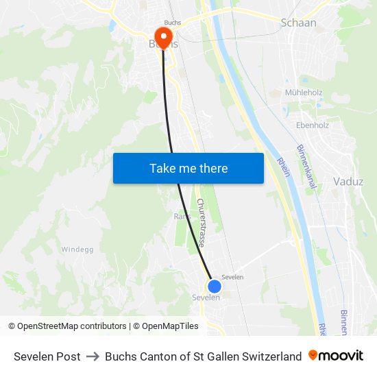 Sevelen Post to Buchs Canton of St Gallen Switzerland map