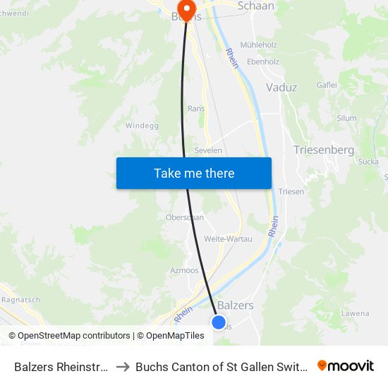 Balzers Rheinstrasse to Buchs Canton of St Gallen Switzerland map