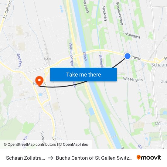 Schaan Zollstrasse to Buchs Canton of St Gallen Switzerland map