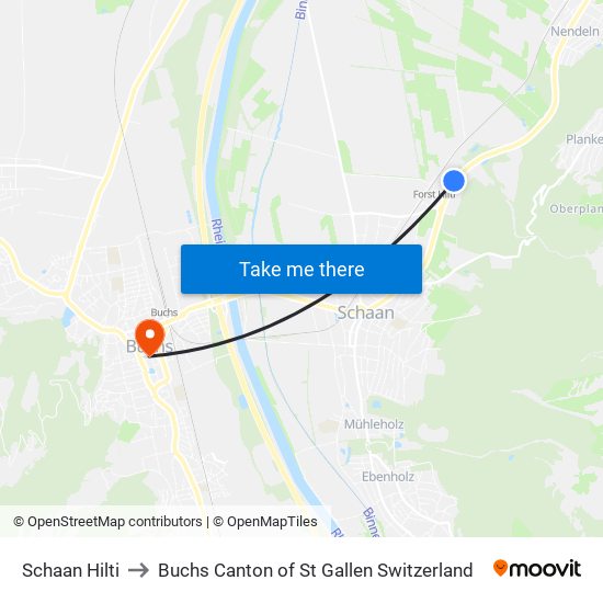 Schaan Hilti to Buchs Canton of St Gallen Switzerland map