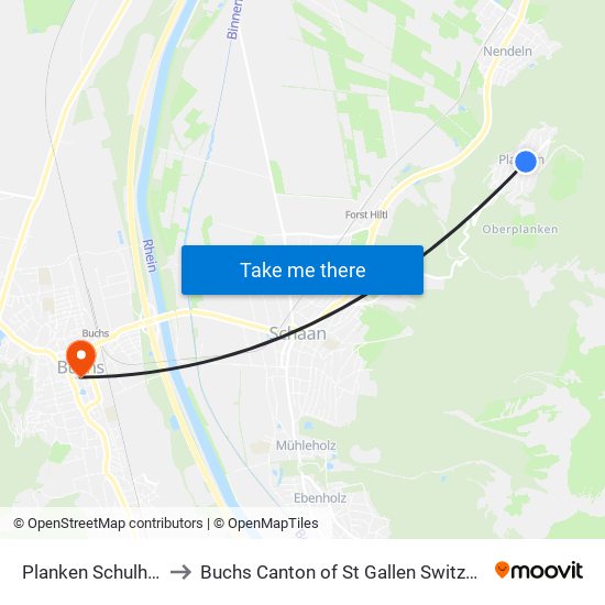 Planken Schulhaus to Buchs Canton of St Gallen Switzerland map