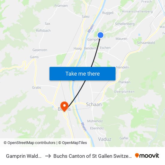 Gamprin Waldeck to Buchs Canton of St Gallen Switzerland map