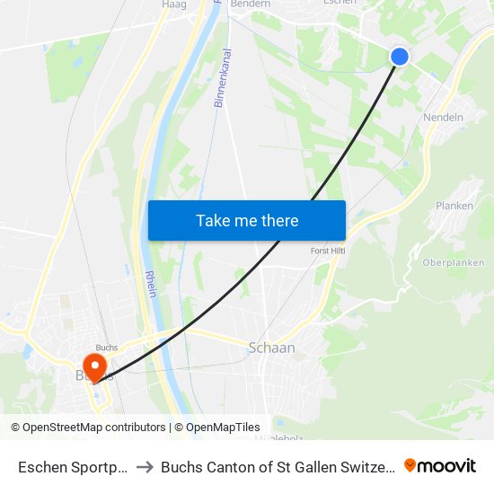 Eschen Sportpark to Buchs Canton of St Gallen Switzerland map