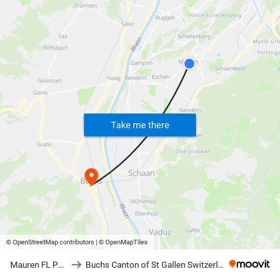 Mauren FL Post to Buchs Canton of St Gallen Switzerland map