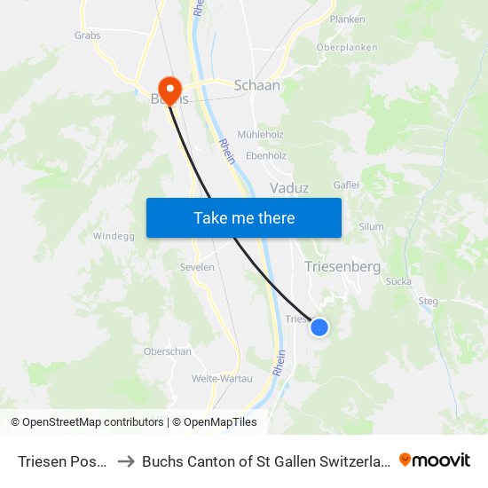 Triesen Poska to Buchs Canton of St Gallen Switzerland map