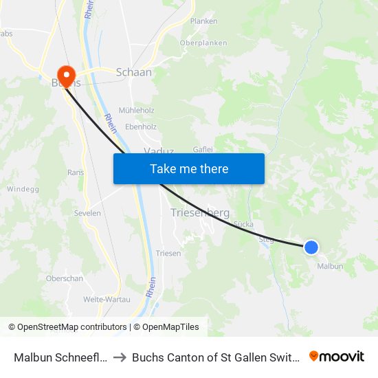 Malbun Schneeflucht to Buchs Canton of St Gallen Switzerland map