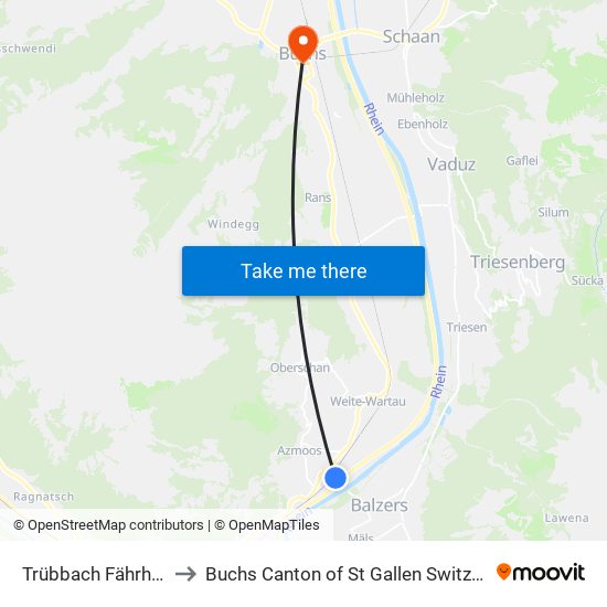 Trübbach Fährhütte to Buchs Canton of St Gallen Switzerland map