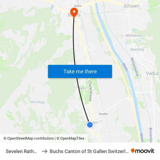 Sevelen Rathaus to Buchs Canton of St Gallen Switzerland map