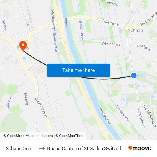 Schaan Quader to Buchs Canton of St Gallen Switzerland map