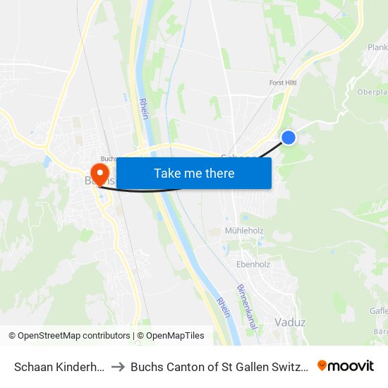 Schaan Kinderheim to Buchs Canton of St Gallen Switzerland map