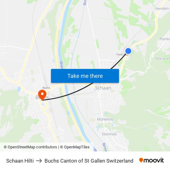 Schaan Hilti to Buchs Canton of St Gallen Switzerland map