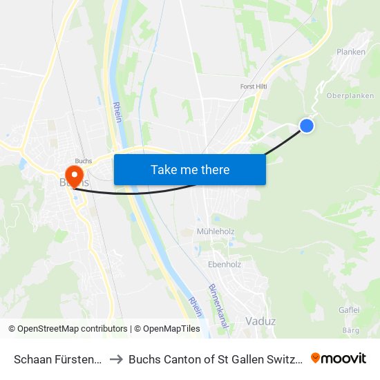 Schaan Fürstenweg to Buchs Canton of St Gallen Switzerland map