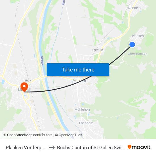 Planken Vorderplanken to Buchs Canton of St Gallen Switzerland map