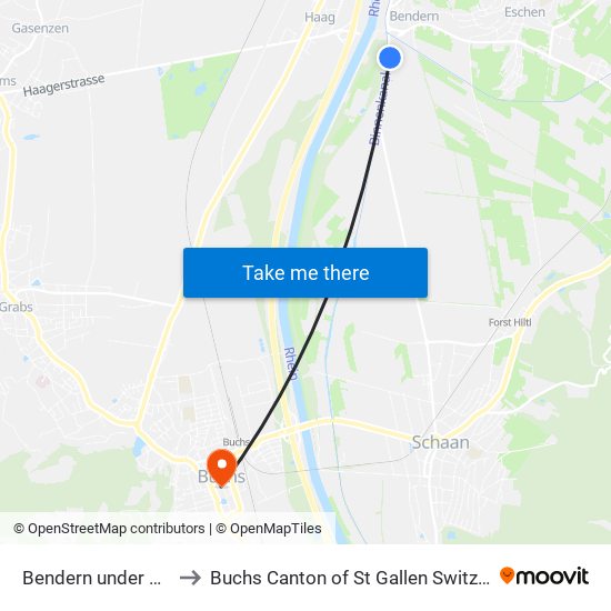 Bendern under Atzig to Buchs Canton of St Gallen Switzerland map