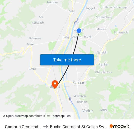 Gamprin Gemeindehaus to Buchs Canton of St Gallen Switzerland map