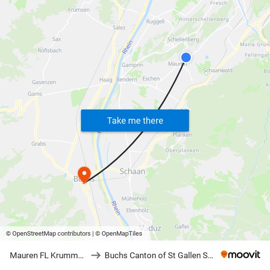 Mauren FL Krummenacker to Buchs Canton of St Gallen Switzerland map