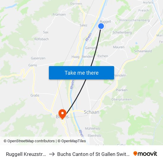 Ruggell Kreuzstrasse to Buchs Canton of St Gallen Switzerland map