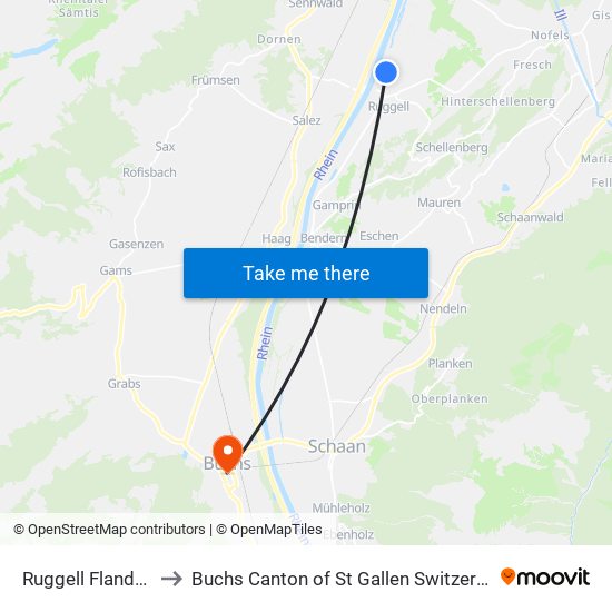 Ruggell Flandera to Buchs Canton of St Gallen Switzerland map