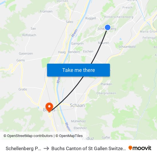 Schellenberg Post to Buchs Canton of St Gallen Switzerland map