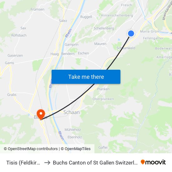 Tisis (Feldkirch) to Buchs Canton of St Gallen Switzerland map