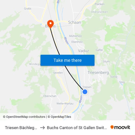 Triesen Bächlegatter to Buchs Canton of St Gallen Switzerland map