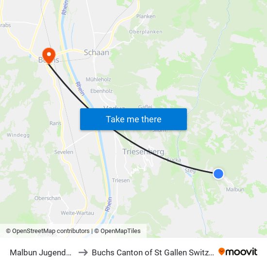 Malbun Jugendheim to Buchs Canton of St Gallen Switzerland map