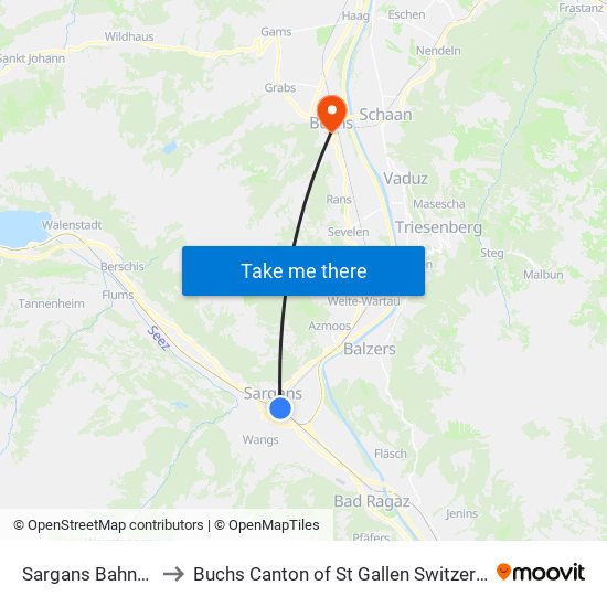 Sargans Bahnhof to Buchs Canton of St Gallen Switzerland map