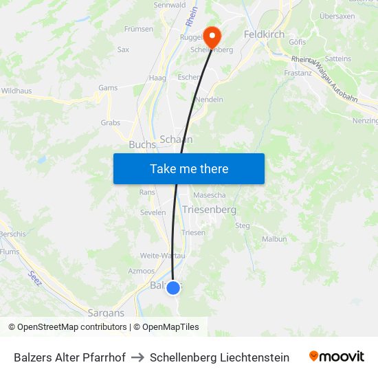 Balzers Alter Pfarrhof to Schellenberg Liechtenstein map
